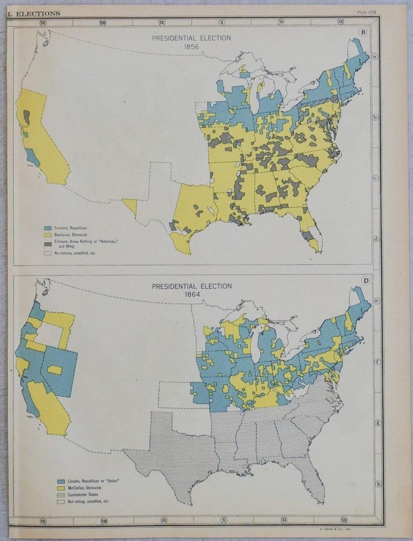Maps of Presidential Election Outcomes 1856-1872: Title:Maps of Presidential Election Outcomes 1856-1872,li>Cartographer:Carnegie Institution Year/Place:1928 c., Washington DC Map Dimension (in.):12.8 X 9.7 in. Description:These series of four maps