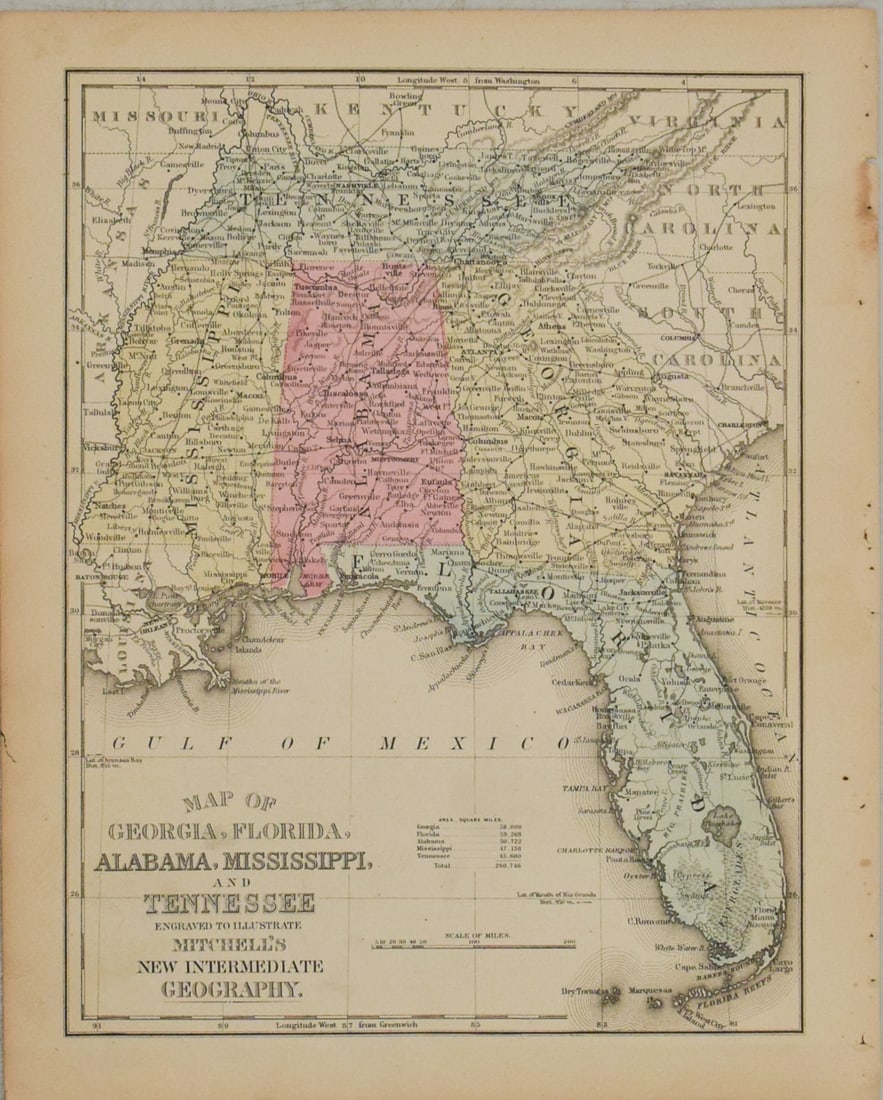 1874 Mitchell Map of Southern US -- Map of Georgia, Florida, Alabama, Mississippi, and: Title:1874 Mitchell Map of Southern US -- Map of Georgia, Florida, Alabama, Mississippi, and Tennessee…,li>Cartographer:S Mitchell Year/Place:1876, Philadelphia Map Dimension (in.):10.6 X 8.1