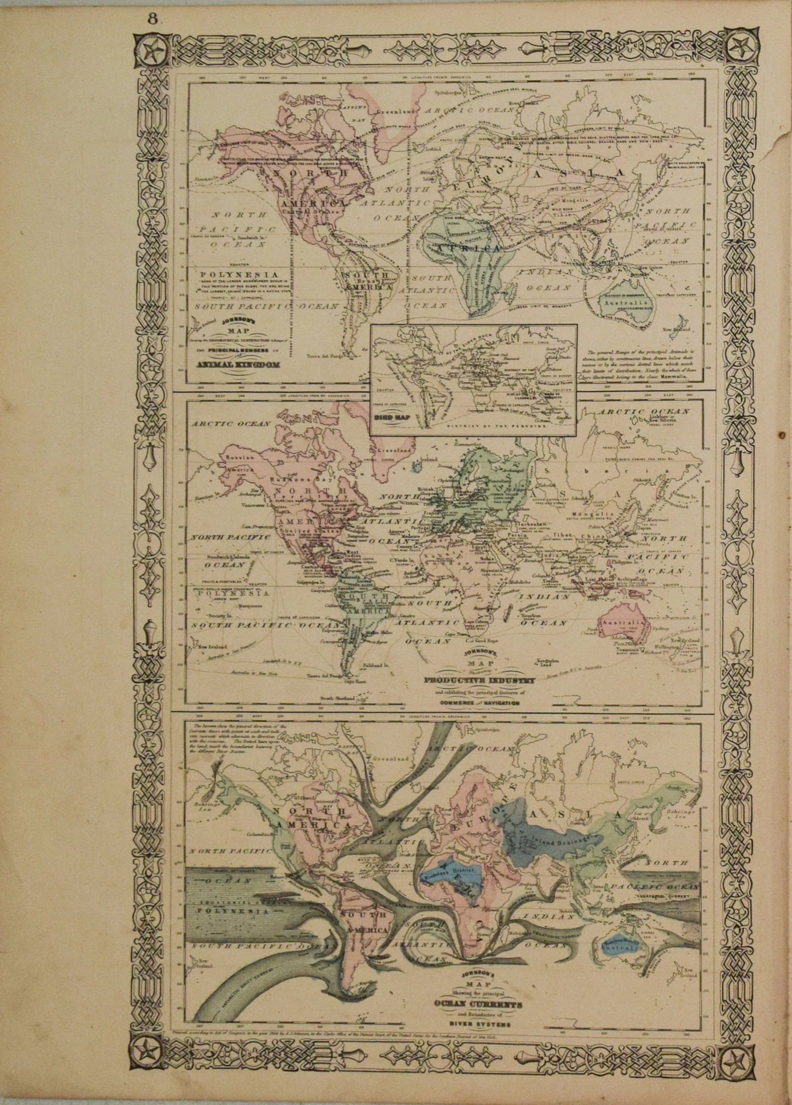 1866 Johnson Map of the World Illustrating the Animal Kingdom, Productive Industry and Ocean (1 of 1)