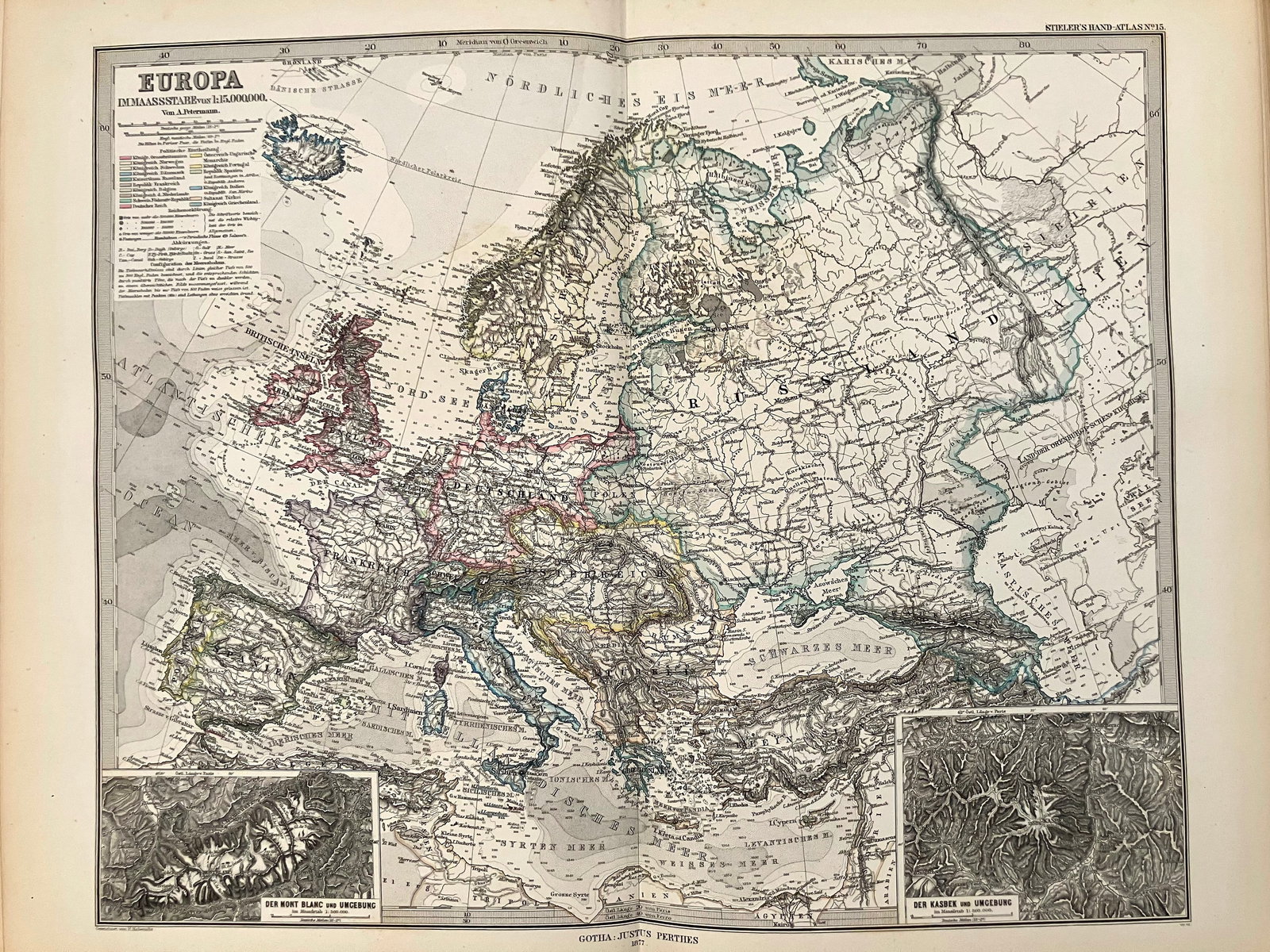 1877 Stieler Map of Europe -- Europa: Title:1877 Stieler Map of Europe -- Europa,li>Cartographer:A Stieler Year/Place:1877, Gotha Map Dimension (in.):12 X 16 in. Description:This is an excellent map of Europe. The countries are color