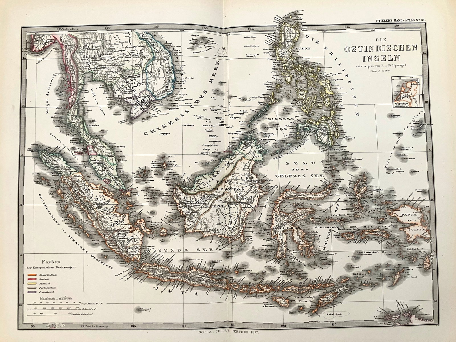 1877 Stieler Map of Islands of Southeast Asia -- Die Ostindischen Inseln: Title:1877 Stieler Map of Islands of Southeast Asia -- Die Ostindischen Inseln,li>Cartographer:A Stieler Year/Place:1877, Gotha Map Dimension (in.):13 X 16 in. Description:This is an attractive map