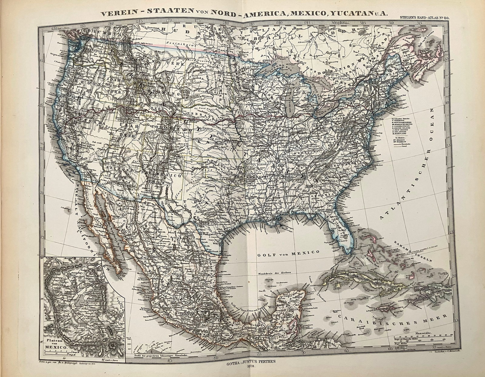 1877 Stieler Map of US and Mexico -- Verein Staaten von Nord-America, Mexico, Yucatan u. A. (1 of 1)