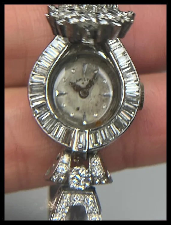 Incredible Estate Diamond and Platinum Hamilton Bracelet/ Hidden Watch - 17