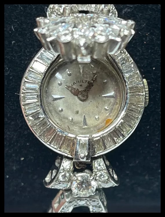 Incredible Estate Diamond and Platinum Hamilton Bracelet/ Hidden Watch - 19