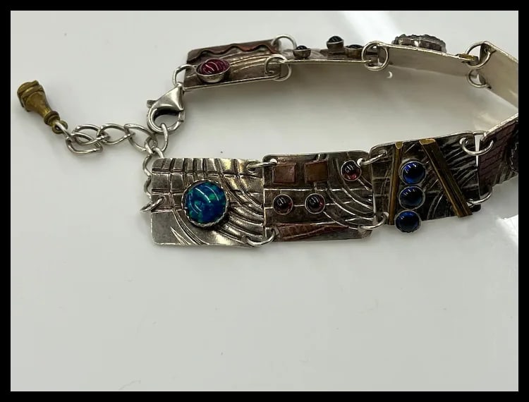 Estate Artisan Handmade Sterling Silver and Cabochon Multi Disk Bracelet - 5