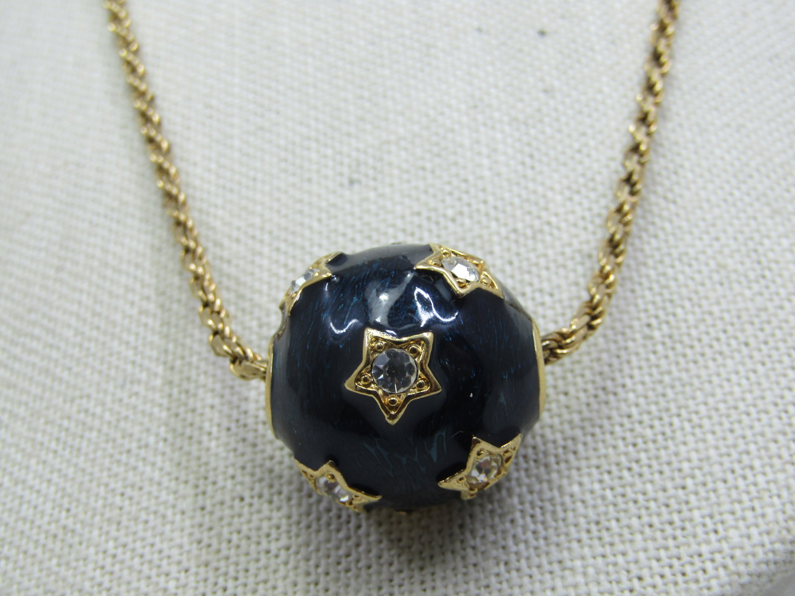 Vintage Sterling Vermeil Blue Enameled CZ Star Round Slide, 24", Signed - 2