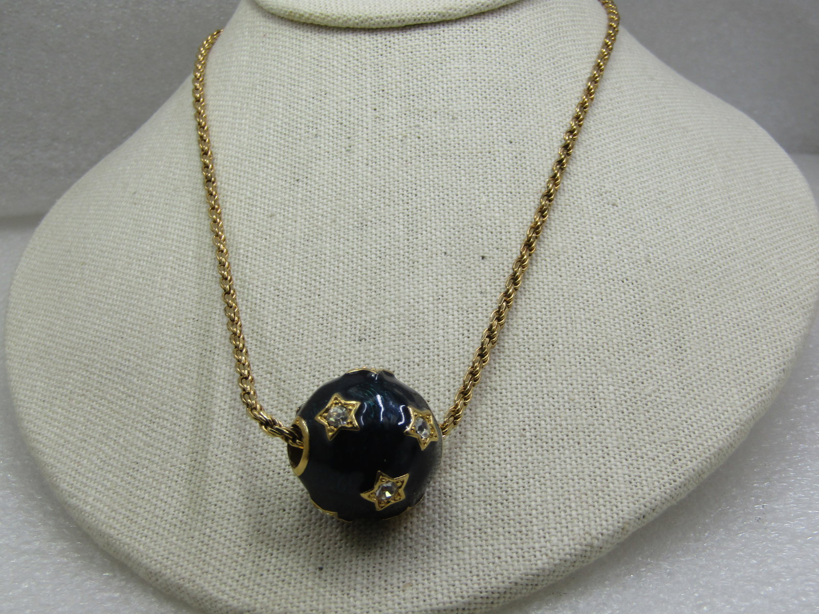 Vintage Sterling Vermeil Blue Enameled CZ Star Round Slide, 24", Signed - 5