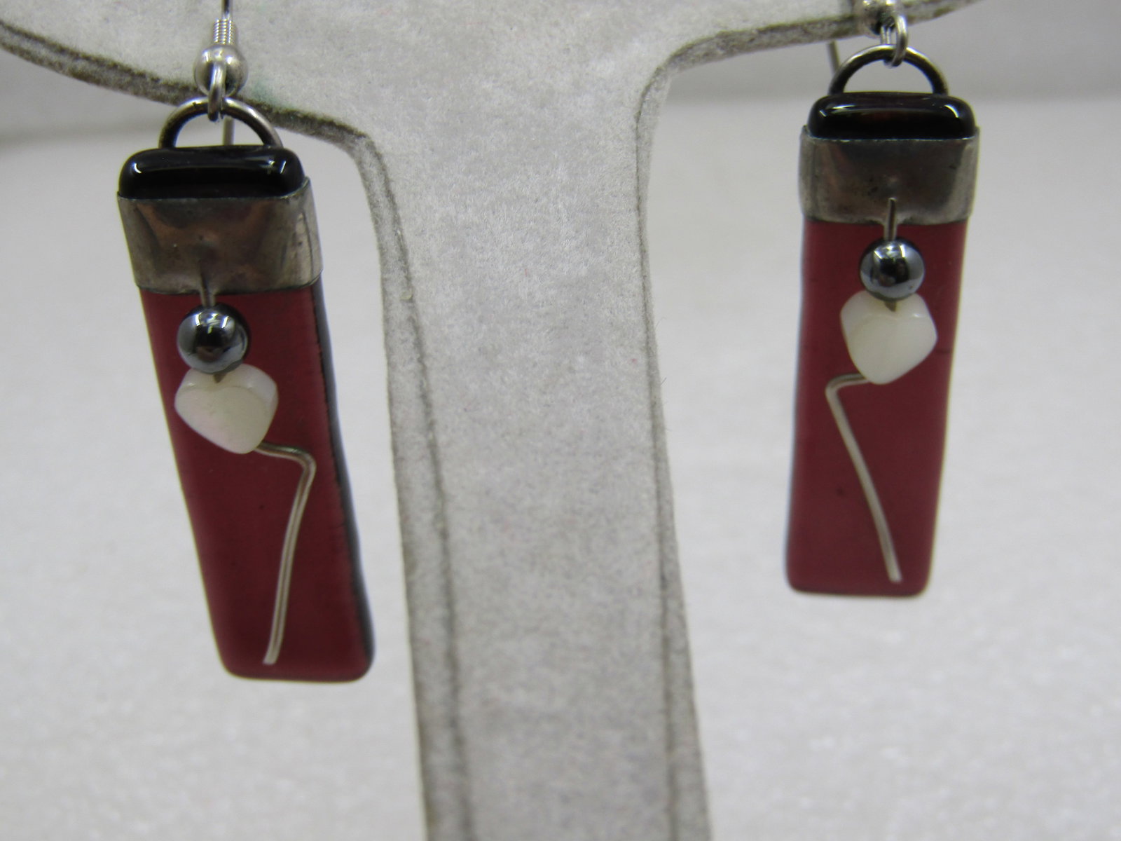 Vintage Purple Glass MOP Heart Earrings, Pierced, Handmade - 5