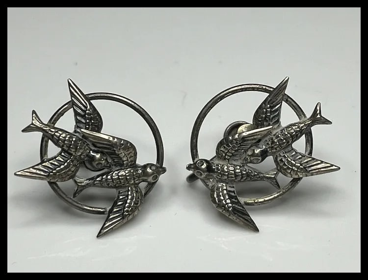 Vintage BEAU Sterling Silver Flying Bird Screw Back Earrings - 2