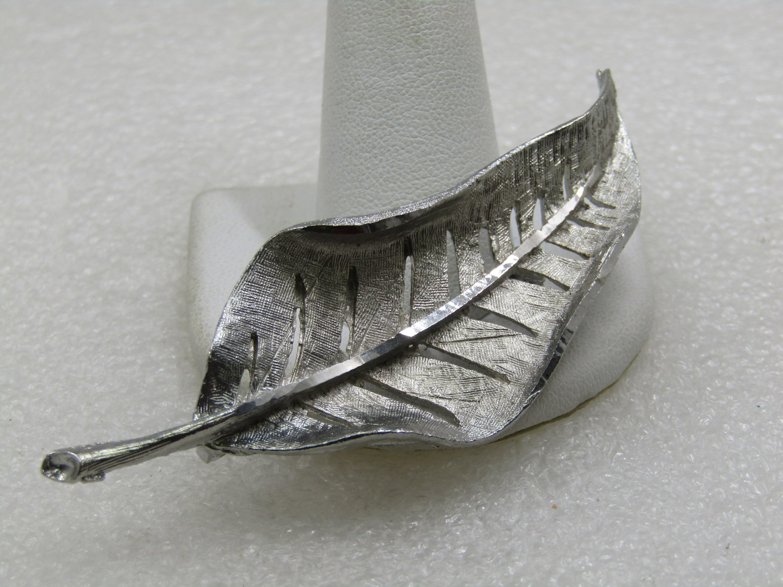 Vintage Silver Tone Leaf Brooch, Signed J.S. 3" - 2