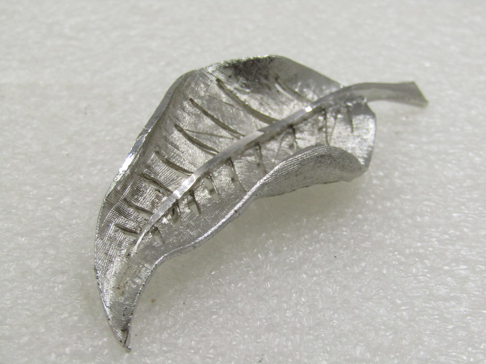 Vintage Silver Tone Leaf Brooch, Signed J.S. 3" - 4