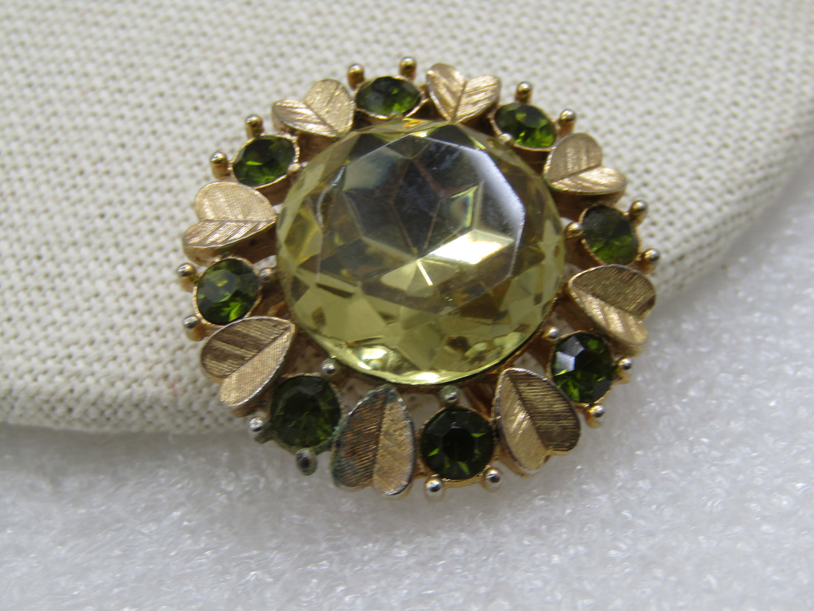 Vintage Rhinestone Green/Yellow Pendant/Brooch, Heart Leaves 1.25" - 2