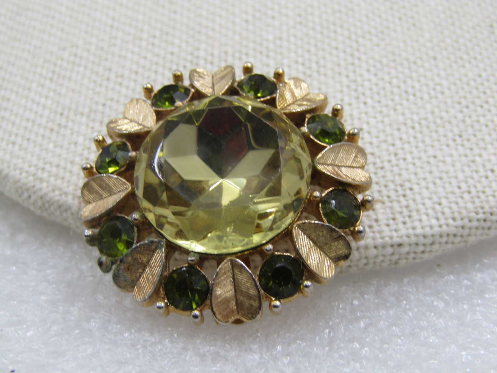 Vintage Rhinestone Green/Yellow Pendant/Brooch, Heart Leaves 1.25" - 3