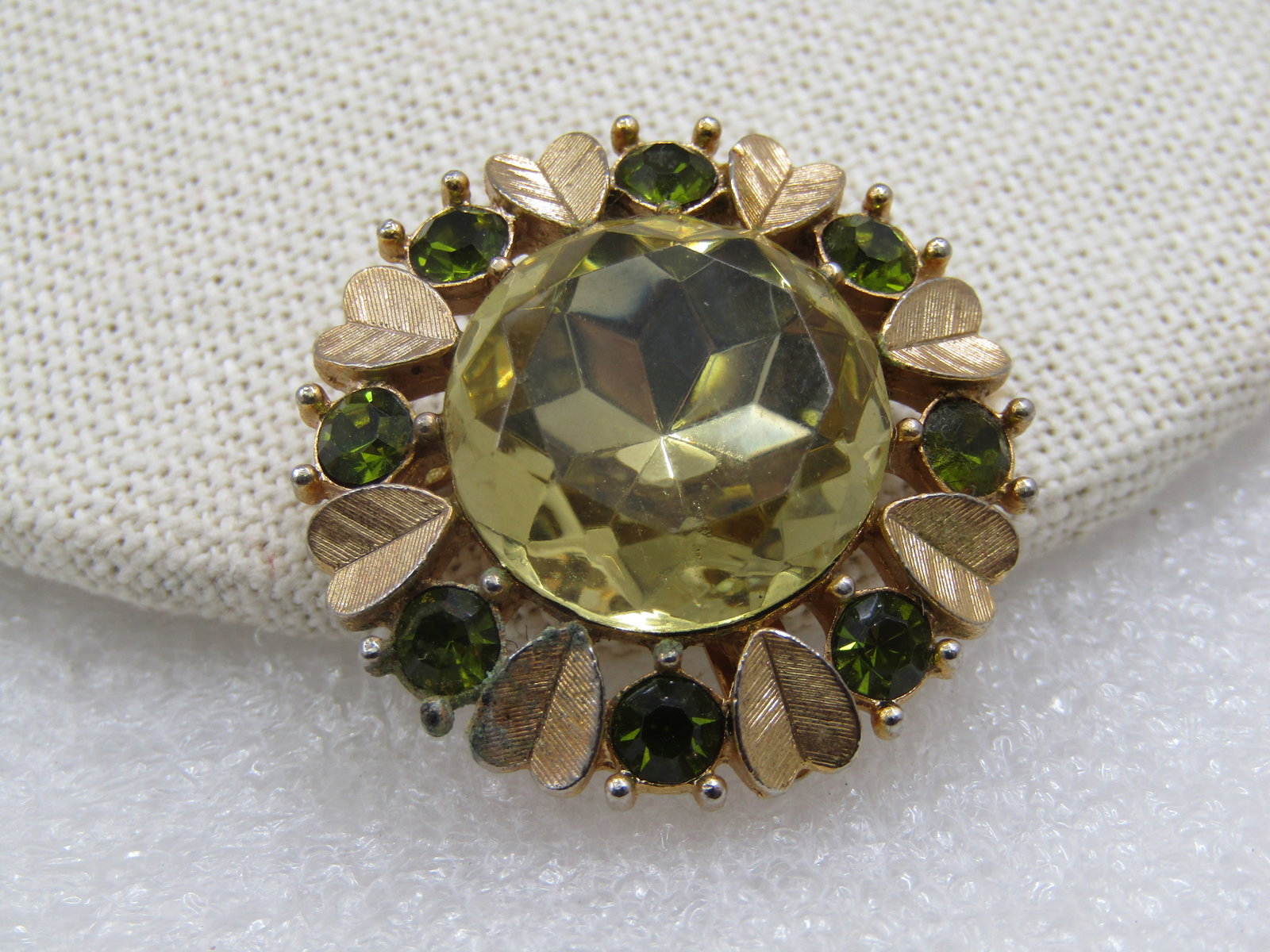 Vintage Rhinestone Green/Yellow Pendant/Brooch, Heart Leaves 1.25" - 4