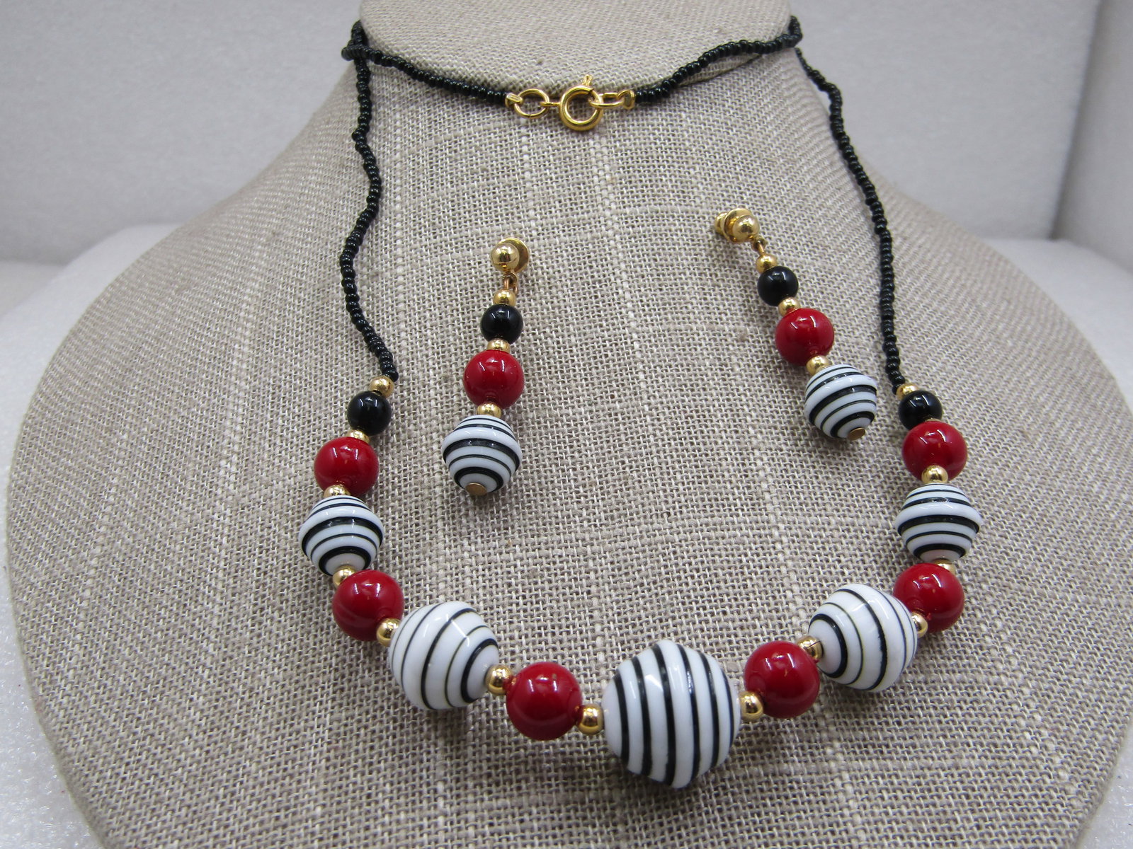 Vintage Red White Blue & Black Spiral Beaded Necklace Earrings Set, 28" - 2