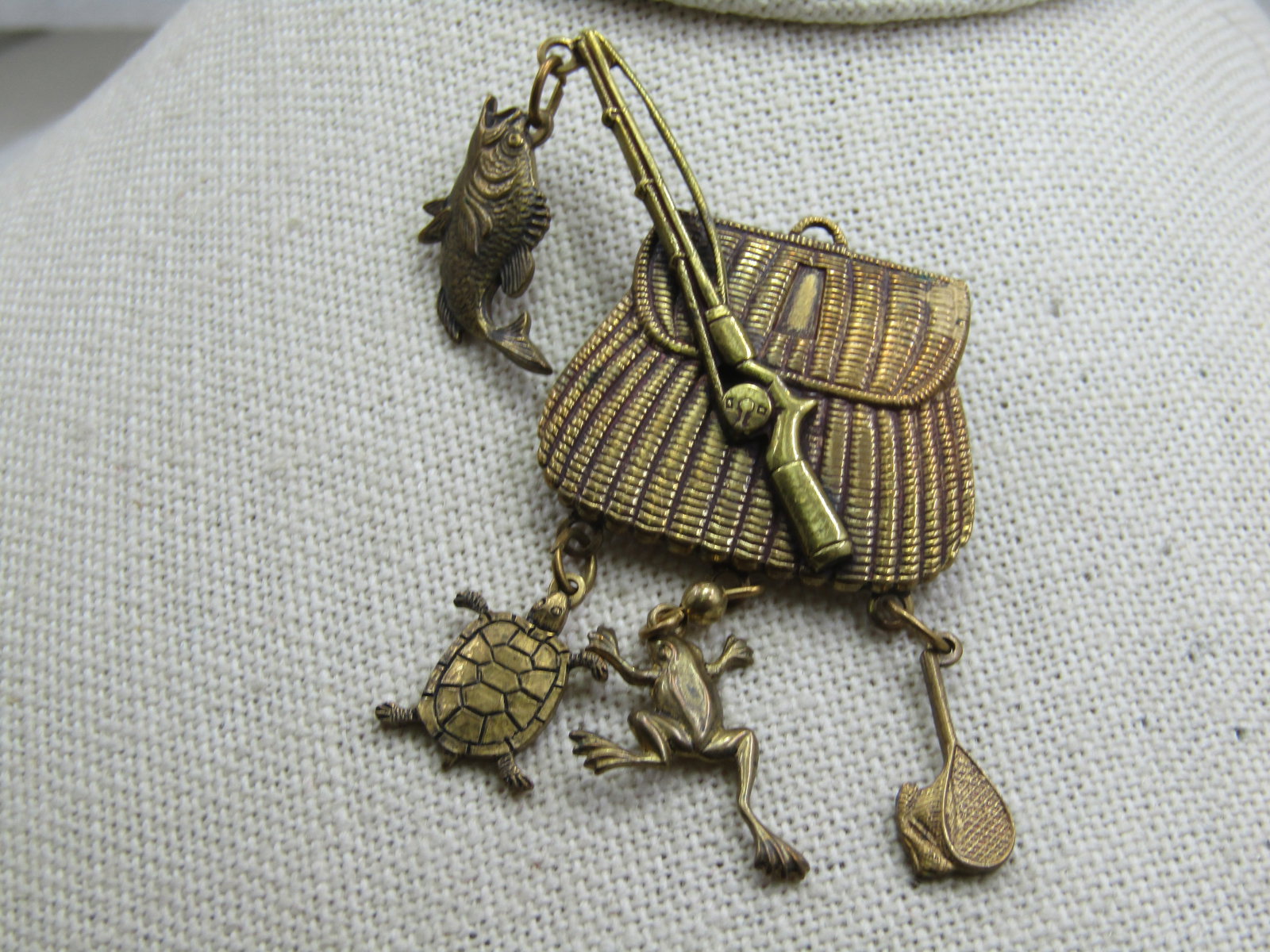 Vintage Fishing Creel, Rod and Dangles Brooch, 2.25" by 1.75" - 2