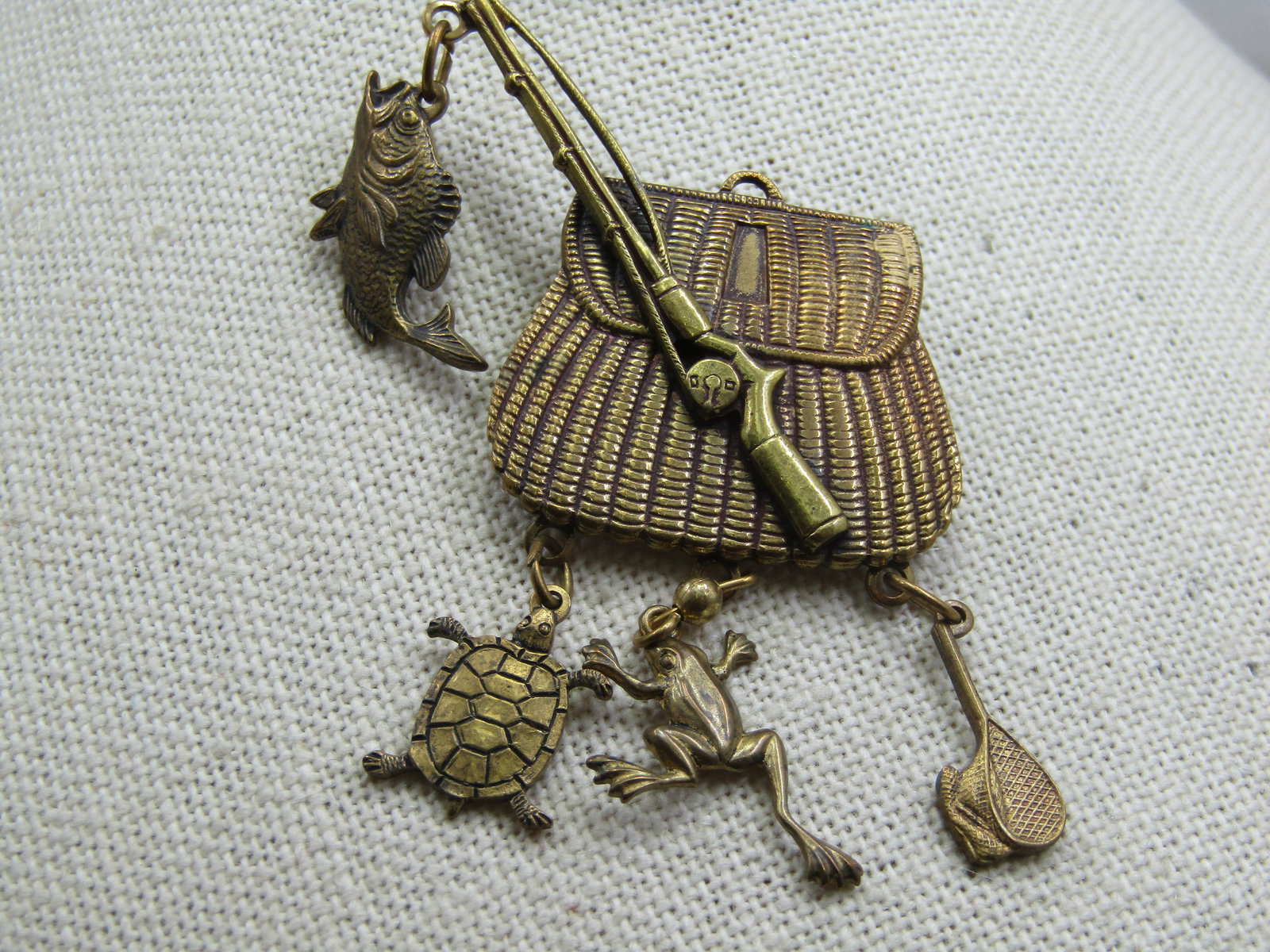 Vintage Fishing Creel, Rod and Dangles Brooch, 2.25" by 1.75" - 3