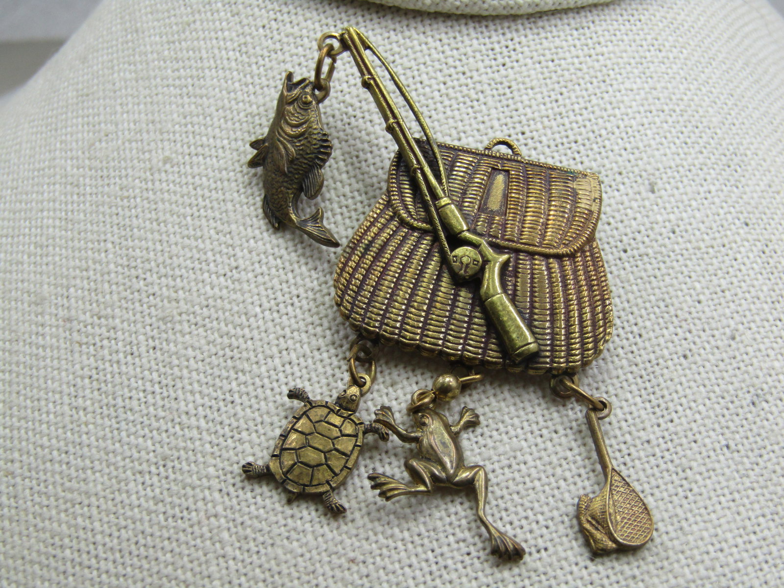 Vintage Fishing Creel, Rod and Dangles Brooch, 2.25" by 1.75" - 4