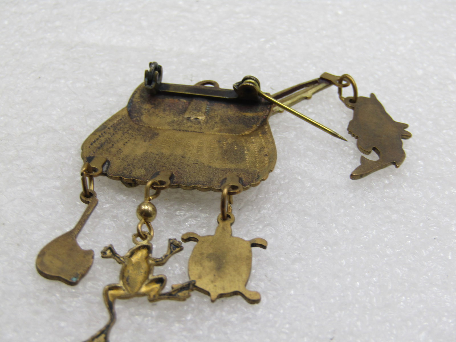 Vintage Fishing Creel, Rod and Dangles Brooch, 2.25" by 1.75" - 5