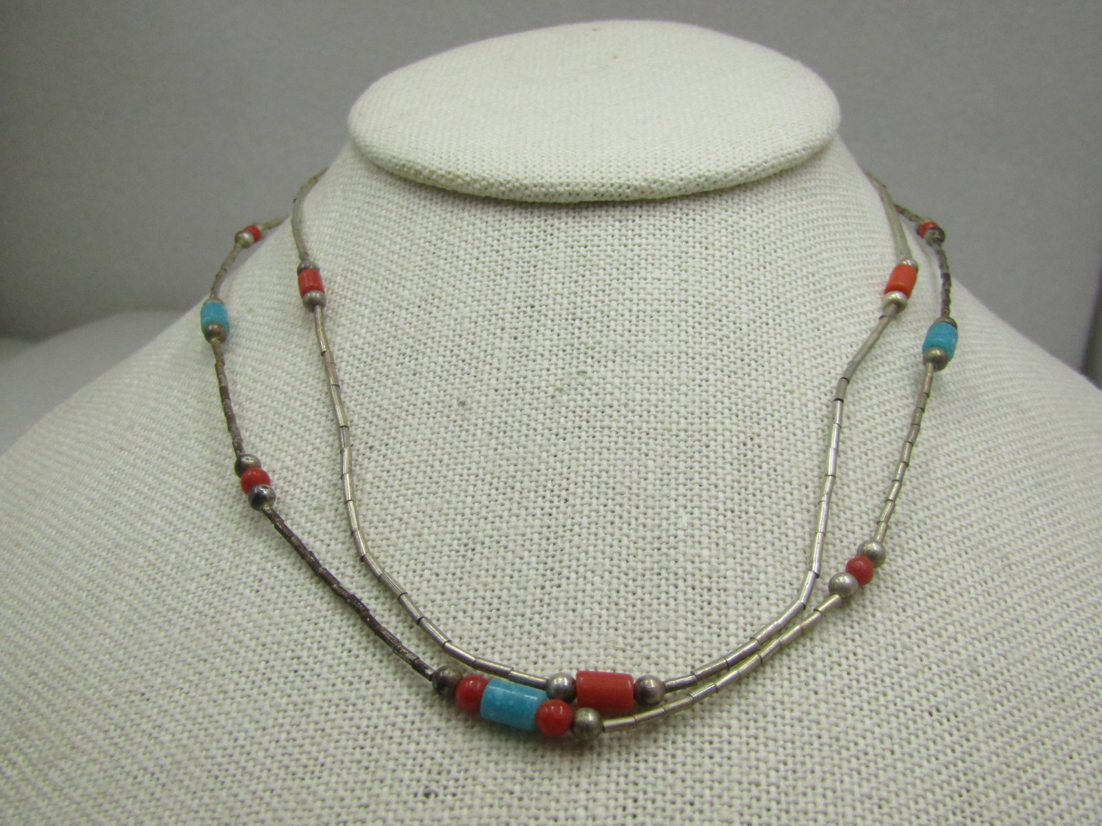 Vintage Two Sterling Southwestern Turquoie Coral Beanded Necklace, 15" 16": Vintage Two Sterling Southwestern Turquoie Coral Beanded Necklace, 15" 16". Liquid silver beads with round silver beads and a turquoise barrel bead with a round coral bead on each side and also coral