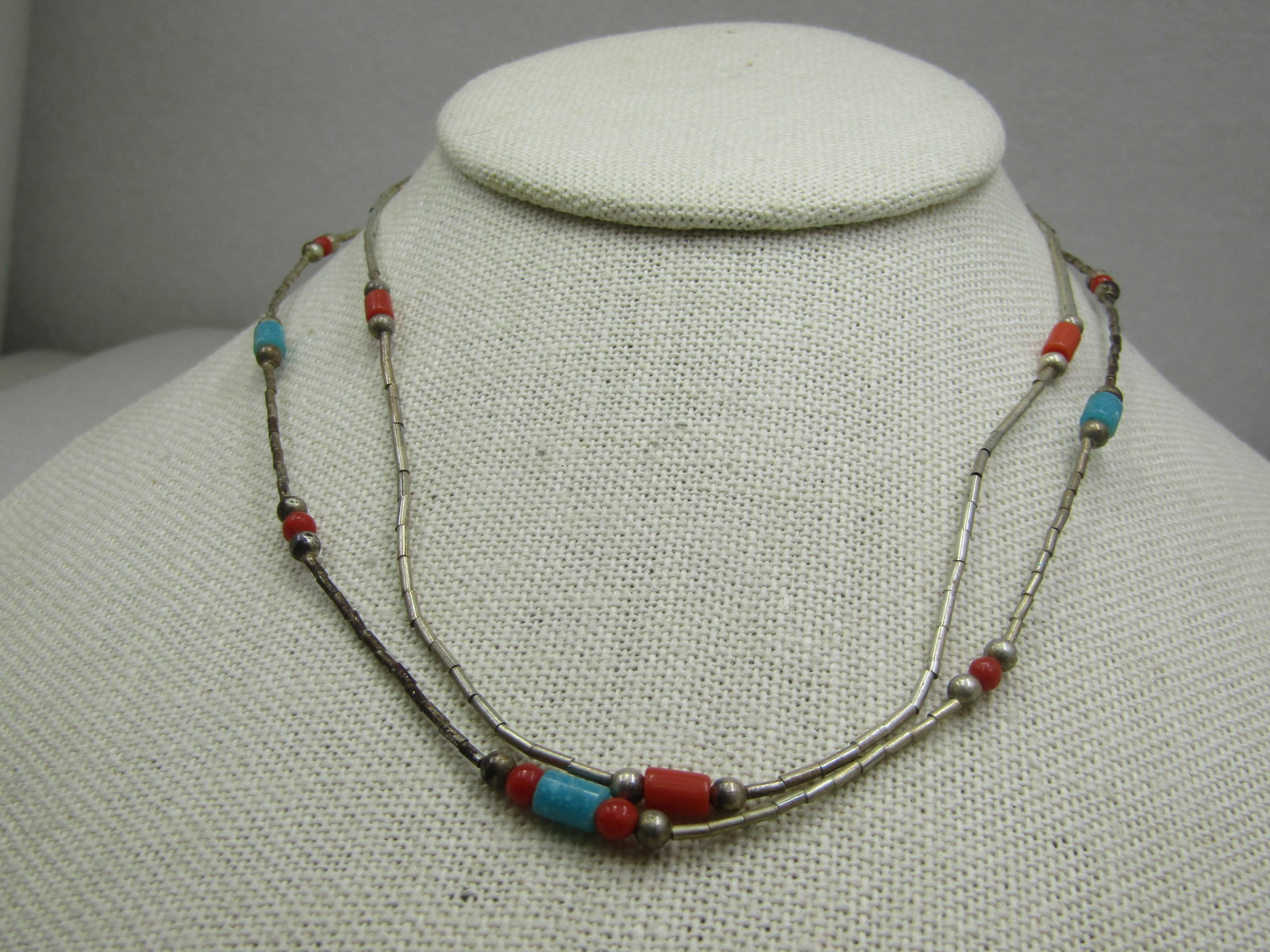 Vintage Two Sterling Southwestern Turquoie Coral Beanded Necklace, 15" 16" - 2