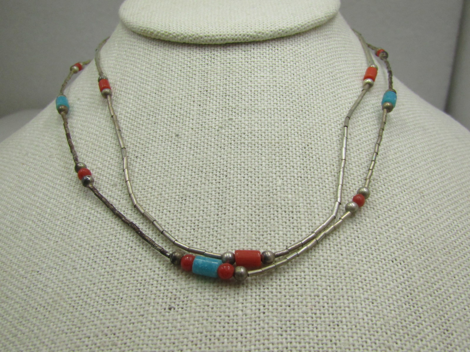 Vintage Two Sterling Southwestern Turquoie Coral Beanded Necklace, 15" 16" - 3