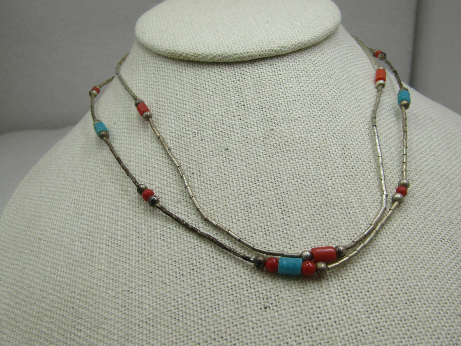 Vintage Two Sterling Southwestern Turquoie Coral Beanded Necklace, 15" 16" - 4