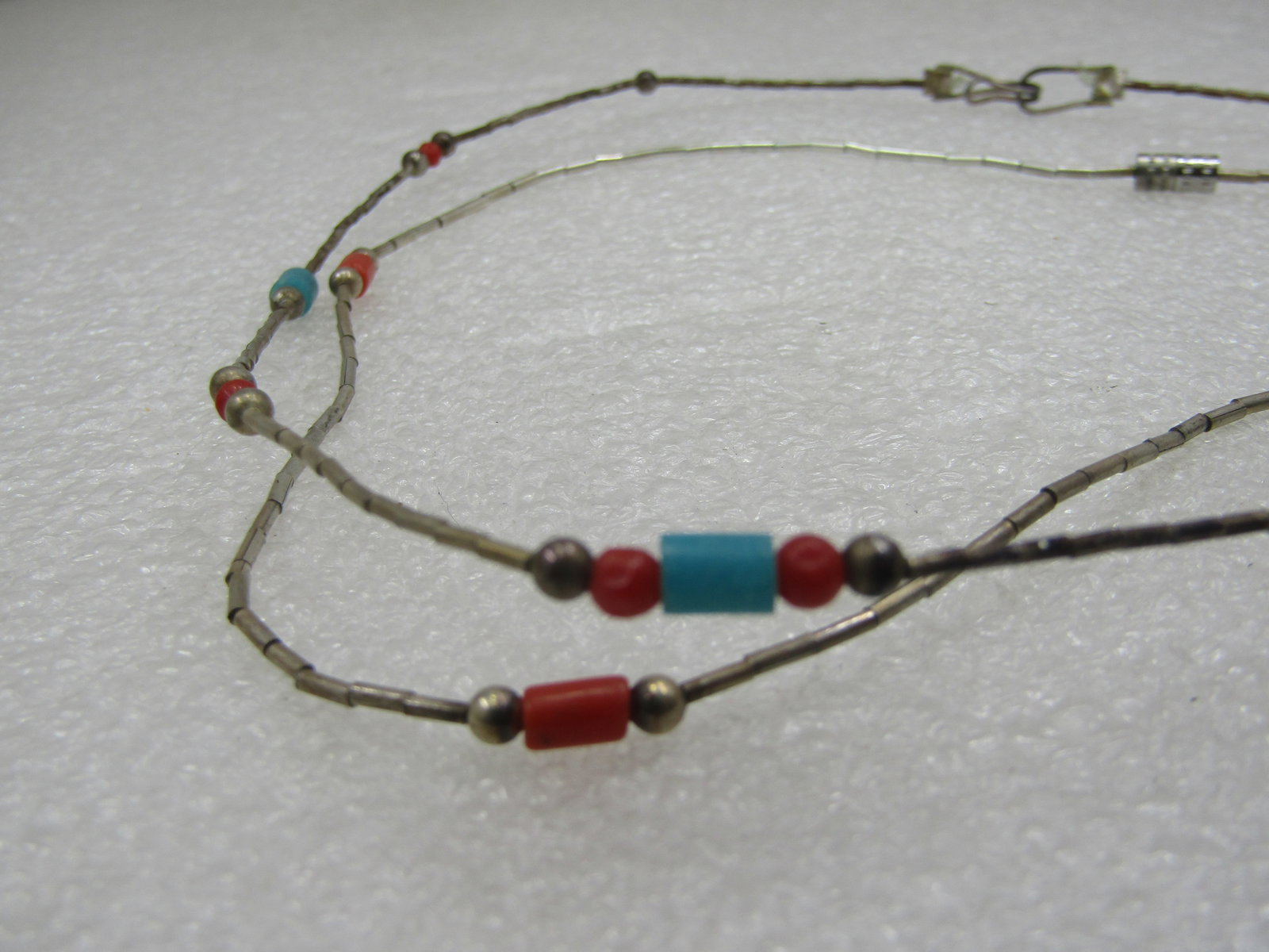 Vintage Two Sterling Southwestern Turquoie Coral Beanded Necklace, 15" 16" - 6