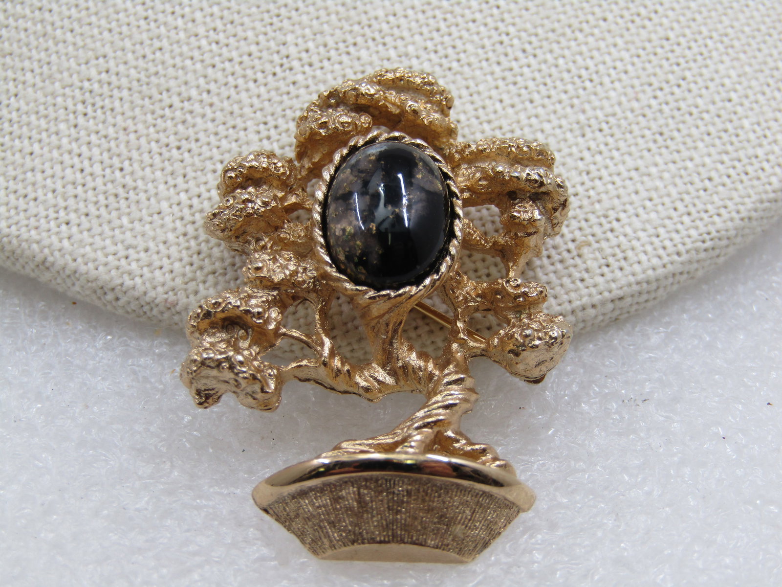 Vintage Gold Tone Bonsai Brooch, Black & Gold Stone, 1-7/8" (1 of 5)