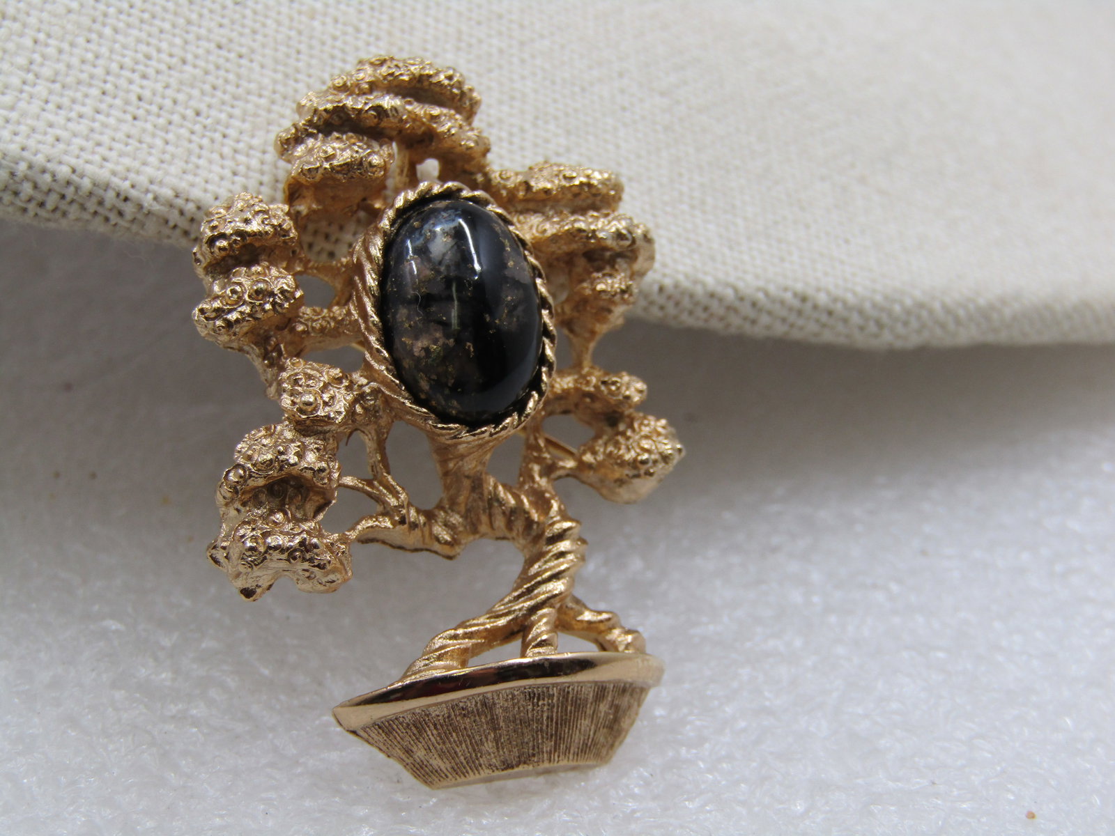 Vintage Gold Tone Bonsai Brooch, Black & Gold Stone, 1-7/8" - 3
