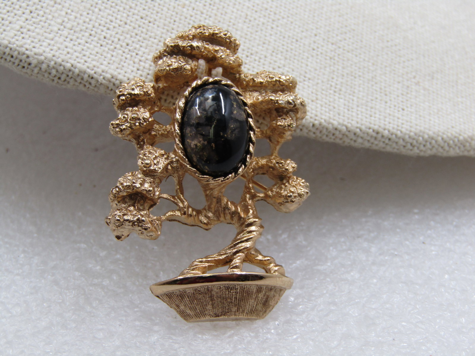 Vintage Gold Tone Bonsai Brooch, Black & Gold Stone, 1-7/8" - 4