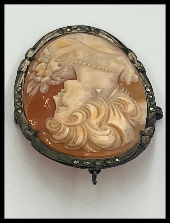 Large Vintage Silver and Marcasite Cameo Brooch/Pendant - 4
