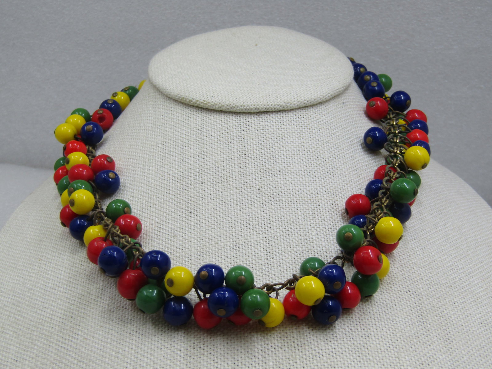 1930's Czech Harlequin Glass Beaded Necklace, Dangle, 16" - 3