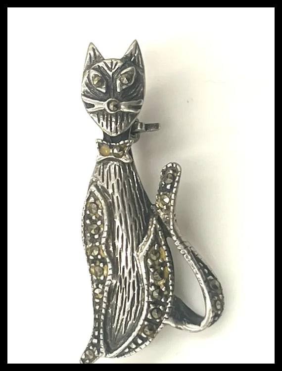 Vintage Sterling Silver Marcasite Tall Cat Brooch/Pin- Signed - 2