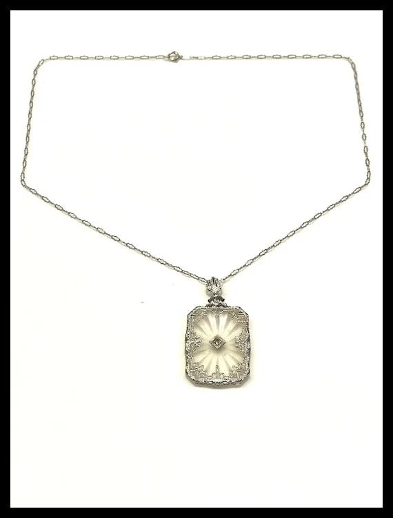 Art Deco 14k Filigree Camphor Glass and Diamond Necklace - 2