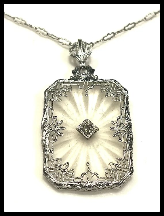 Art Deco 14k Filigree Camphor Glass and Diamond Necklace - 3