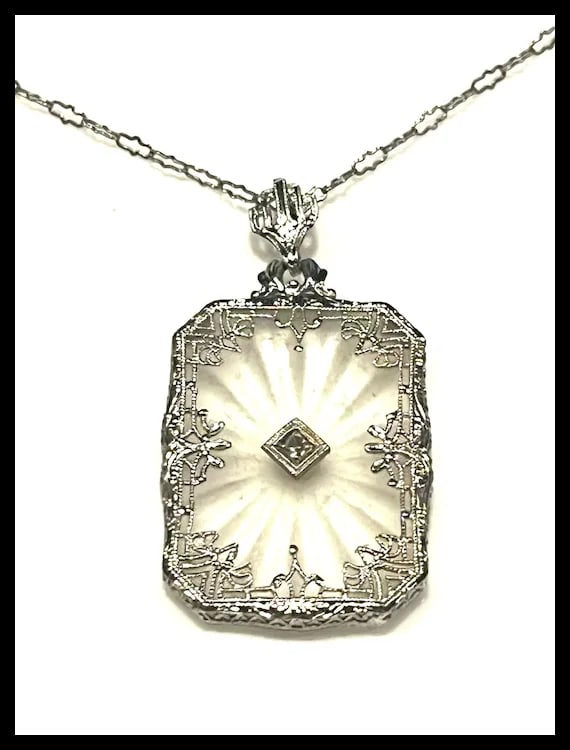 Art Deco 14k Filigree Camphor Glass and Diamond Necklace - 5