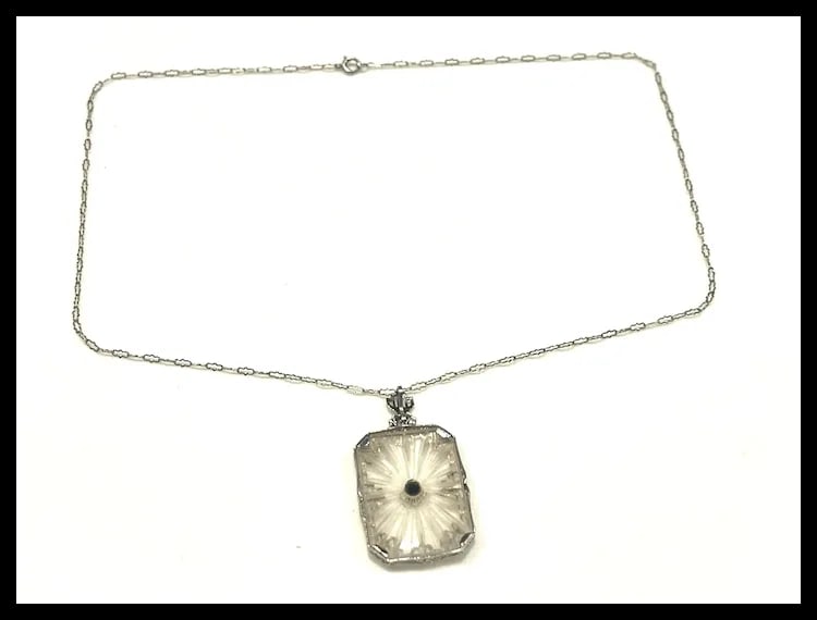 Art Deco 14k Filigree Camphor Glass and Diamond Necklace - 6