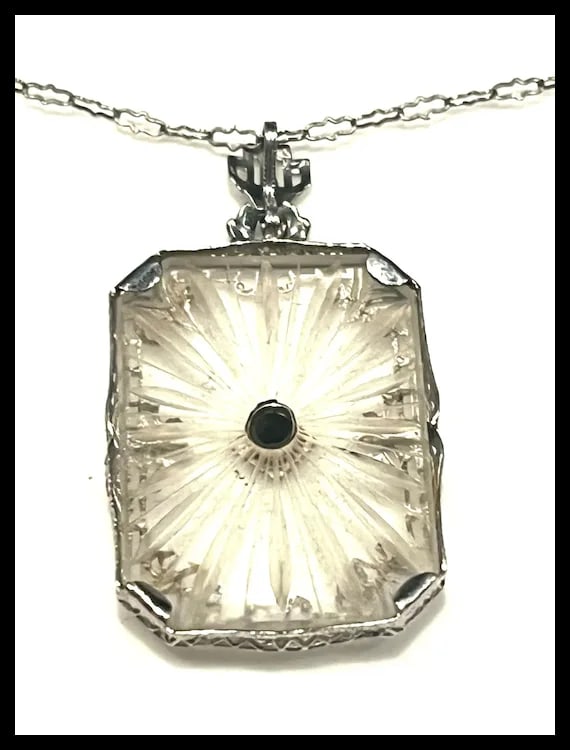 Art Deco 14k Filigree Camphor Glass and Diamond Necklace - 7