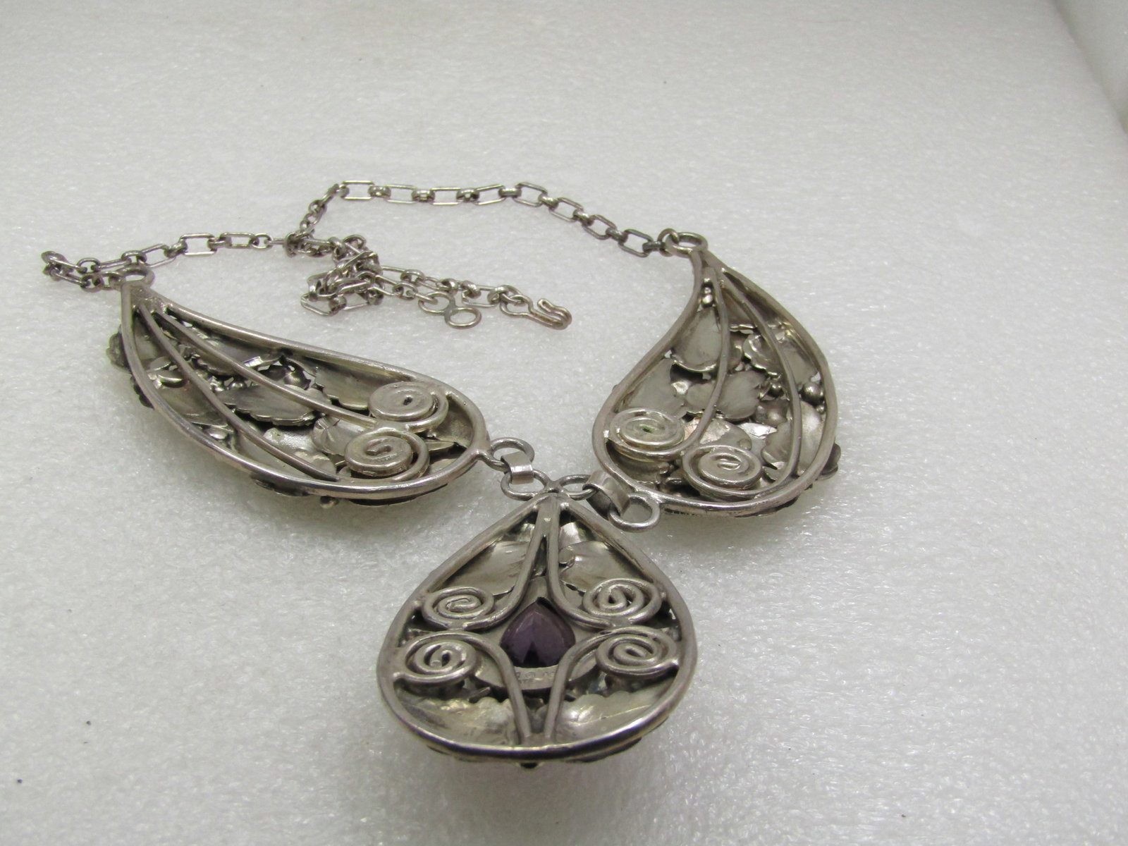 Vintage Sterling Floral Amethyst Lavalier Necklace, 21.5" - 116 grams. - 9