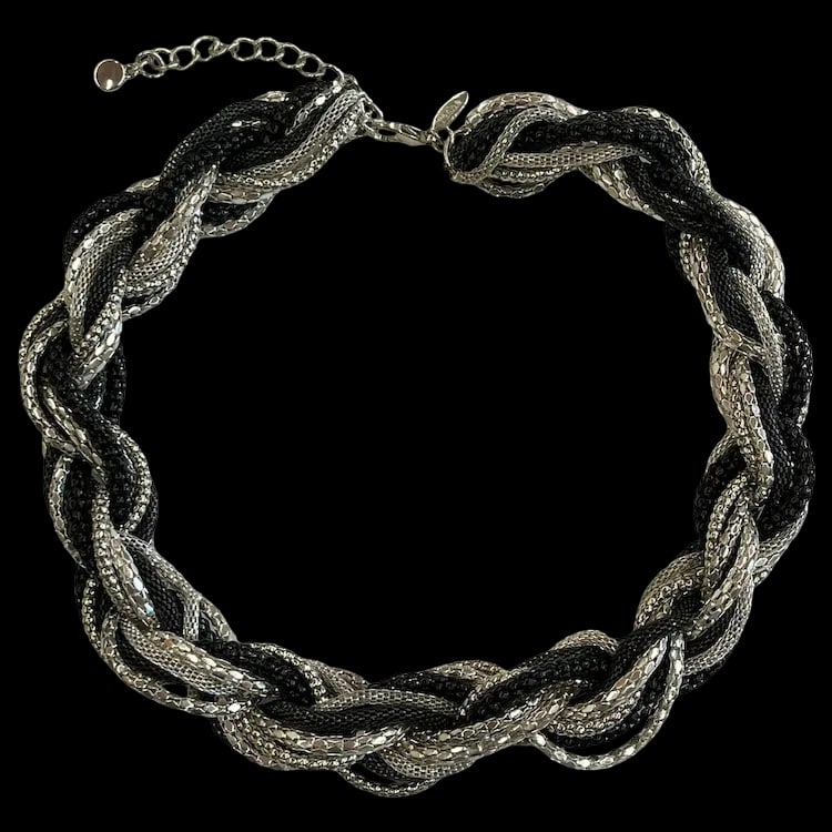 Estate Tasha Silver, Black, and Gray Metal Braided Chain Necklace: Title: Estate Tasha Silver, Black, and Gray Metal Braided Chain Necklace Description: Estate Tasha Silver, Black, and Gray Metal Braided Chain Necklace Braided Metal Measures 18 inches length