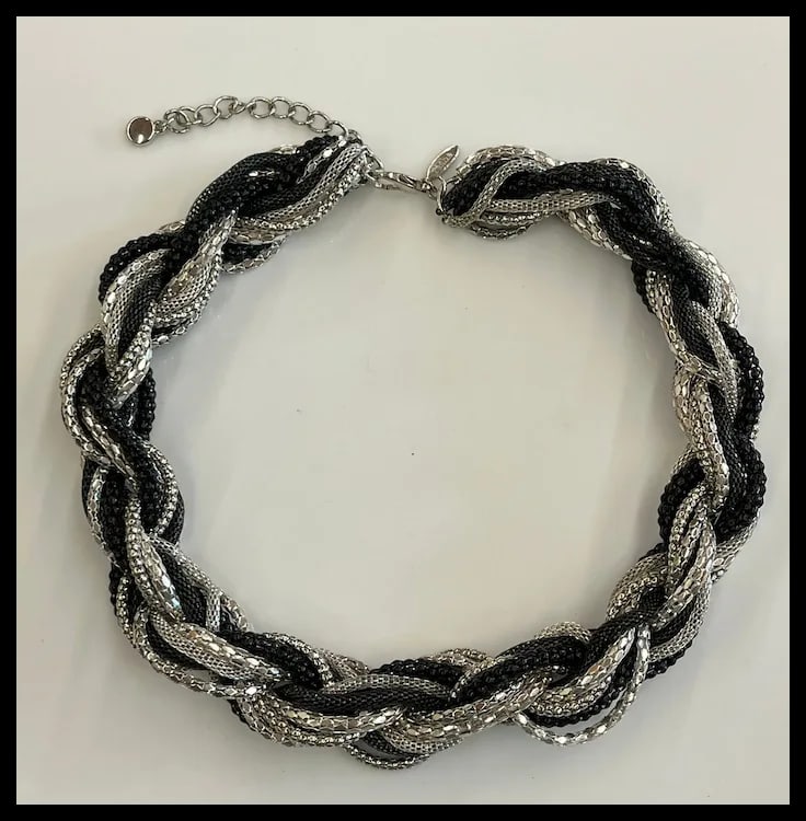 Estate Tasha Silver, Black, and Gray Metal Braided Chain Necklace - 2