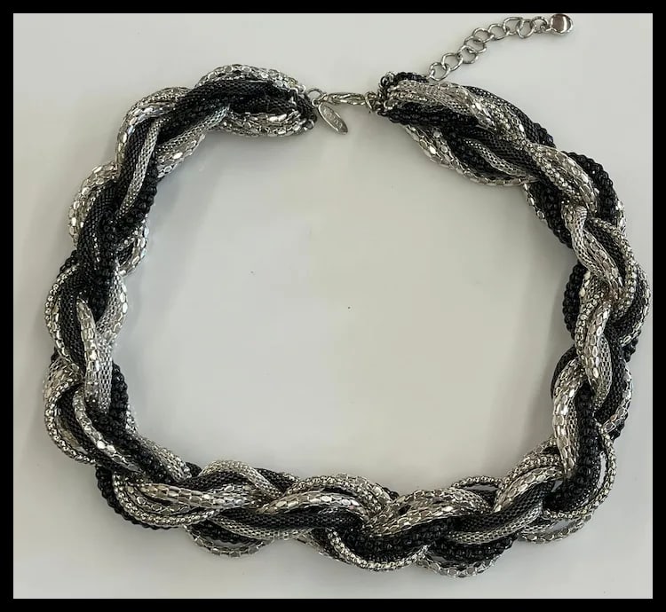 Estate Tasha Silver, Black, and Gray Metal Braided Chain Necklace - 4