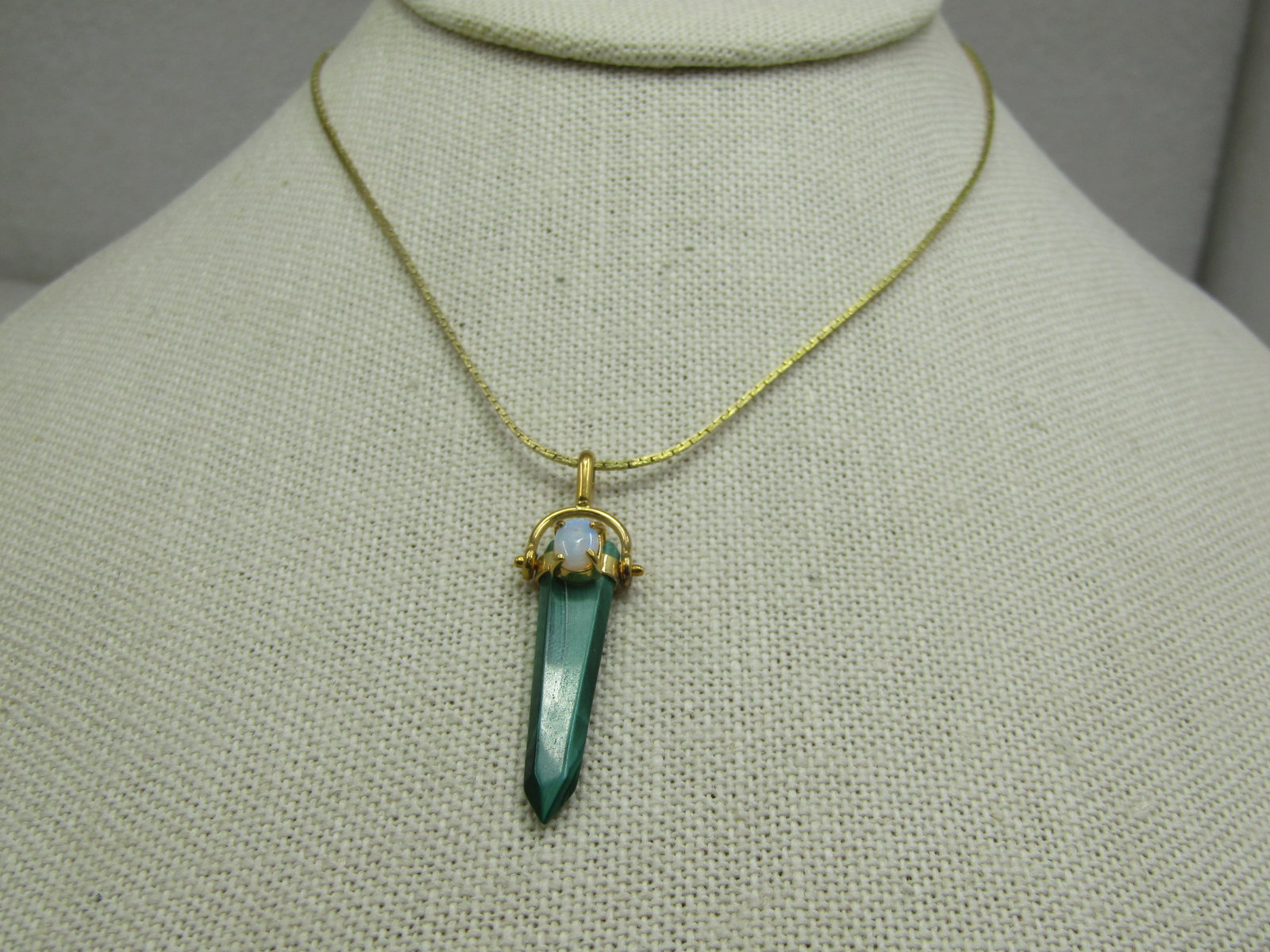Vintage Malachite Faux Opal Crystal Pendant on 19" 1mm square chain with spring clasp - 2