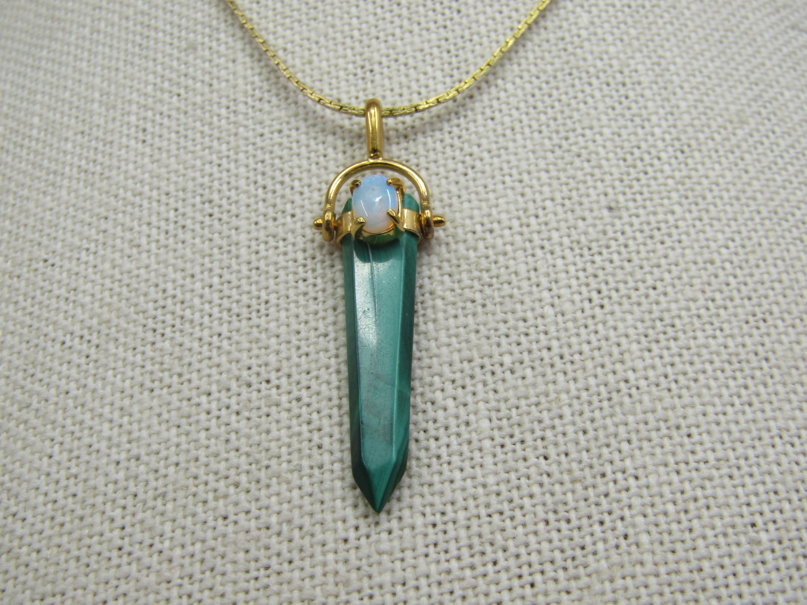 Vintage Malachite Faux Opal Crystal Pendant on 19" 1mm square chain with spring clasp - 3