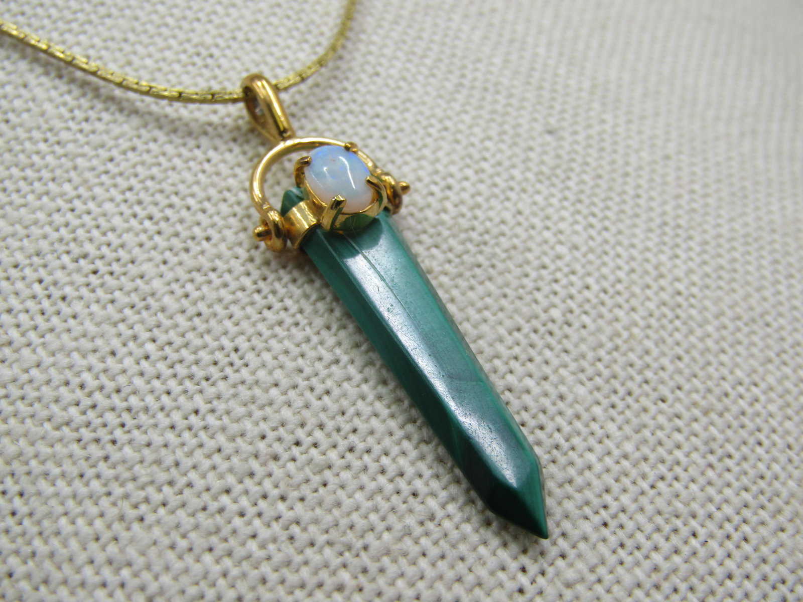 Vintage Malachite Faux Opal Crystal Pendant on 19" 1mm square chain with spring clasp - 4