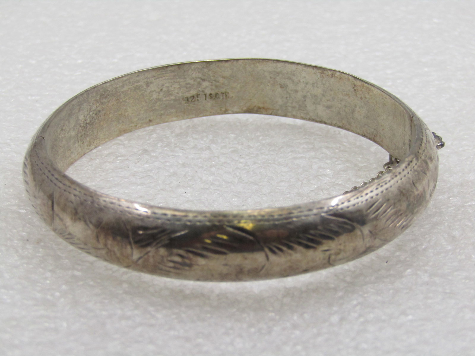 Vintage Sterling Hinged Bangle Bracelet, Safety Chain, 7.25", 11mm, Signed - 3