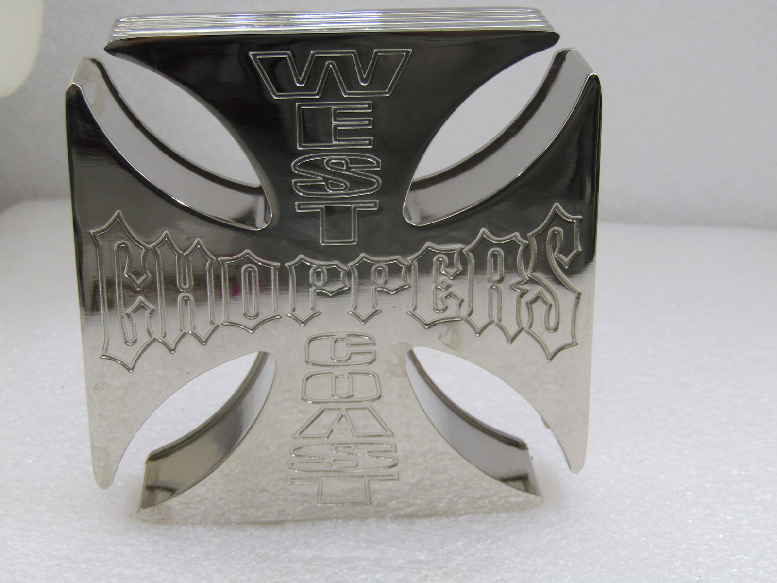 West Coast Choppers Iron Cross Insignia 4" Square Metal Ashtray or Wall Hanging: West Coast Choppers Iron Cross Insignia 4" Square Metal Ashtray or Wall Hanging. 1" thick with recessed lettering on top and enameled and raised on the underside. Could also be one thick coaster. I've
