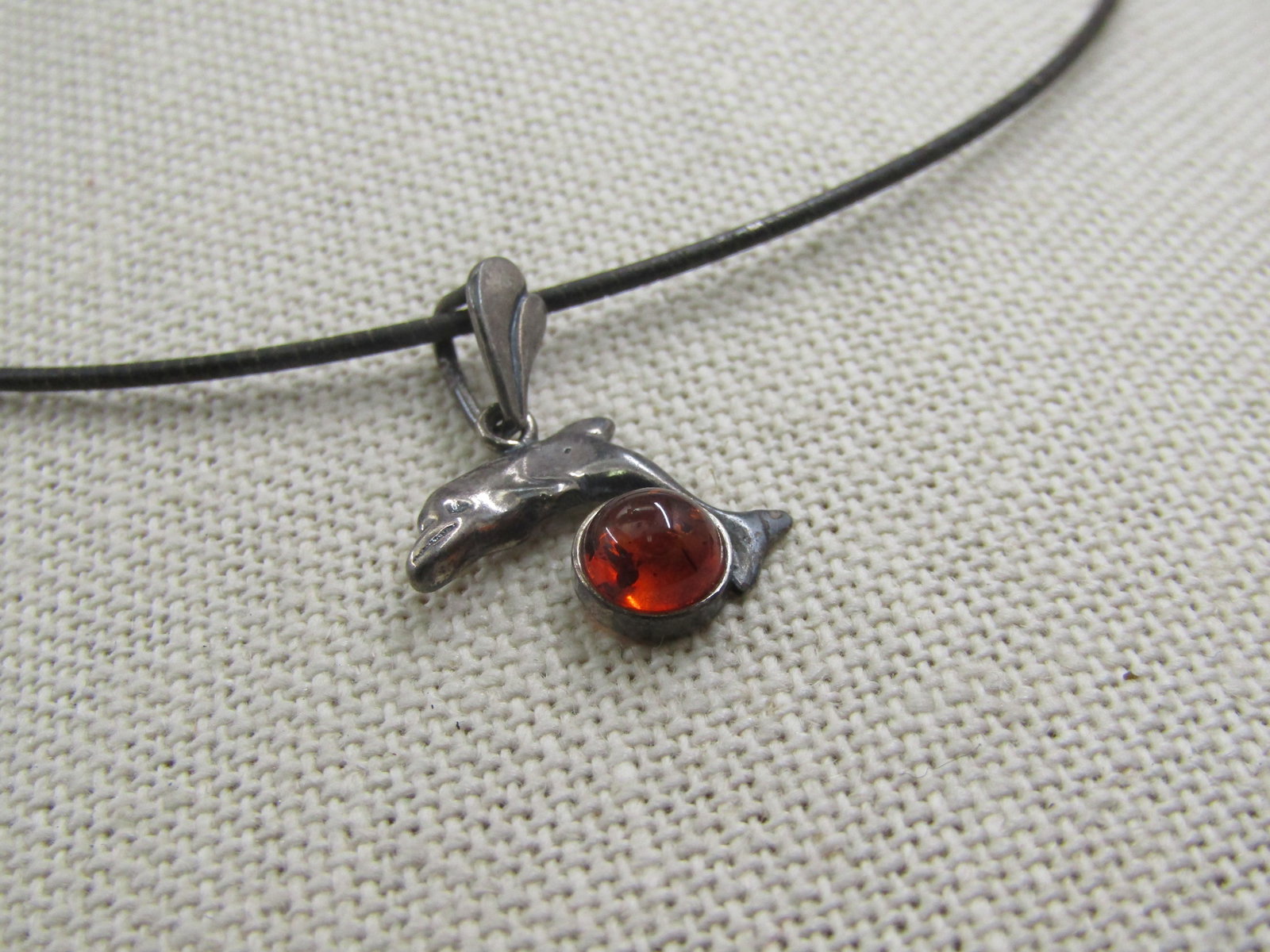 Vintage Sterling Amber Dolphin Necklace, Round Omega Necklace 16", 1980's - 2
