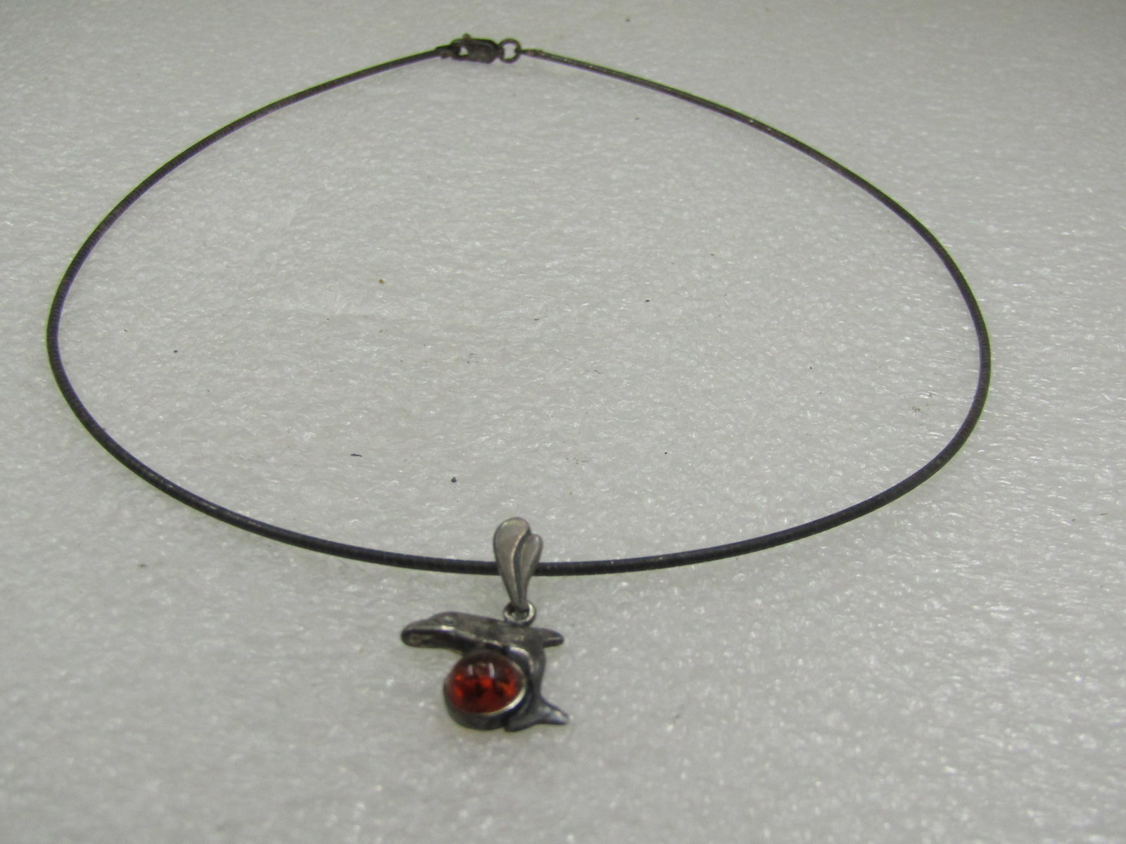 Vintage Sterling Amber Dolphin Necklace, Round Omega Necklace 16", 1980's - 3